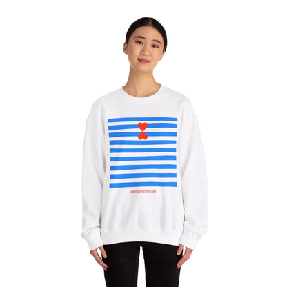 French Chic Crewneck Sweatshirt - Blue Stripes Red Heart Contemporary Design