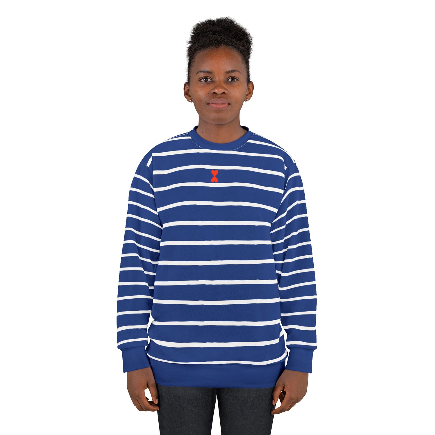 French Chic Paris Street Style White Stripe Marine Navy Pullover Unisex Sweatshirt (AOP) | Signature Collection Kinetic Love Studio