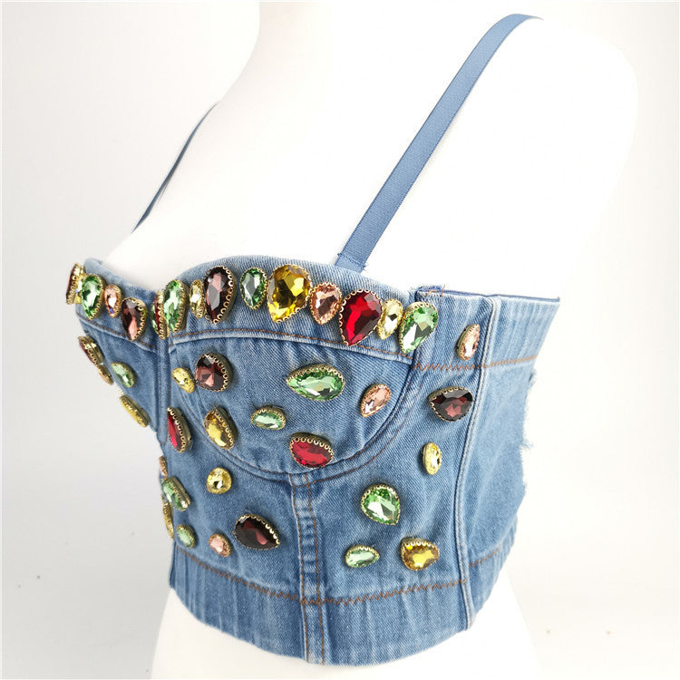 Denim Jeweled Camisole Jeans Bra Top Celebrity Tank Top