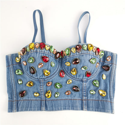 Denim Jeweled Camisole Jeans Bra Top Celebrity Tank Top