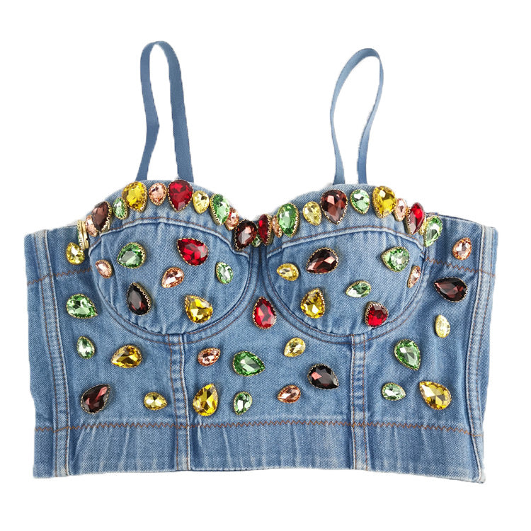 Denim Jeweled Camisole Jeans Bra Top Celebrity Tank Top