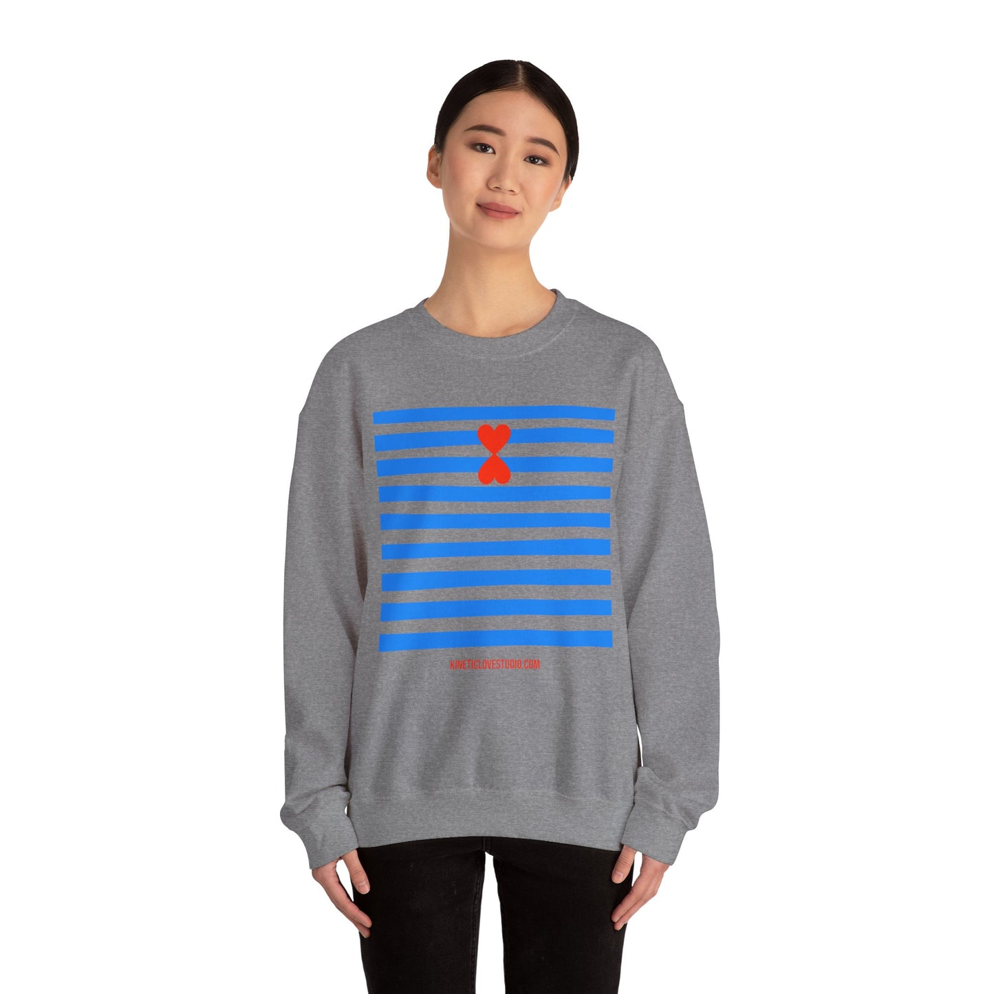 French Chic Crewneck Sweatshirt - Blue Stripes Red Heart Contemporary Design