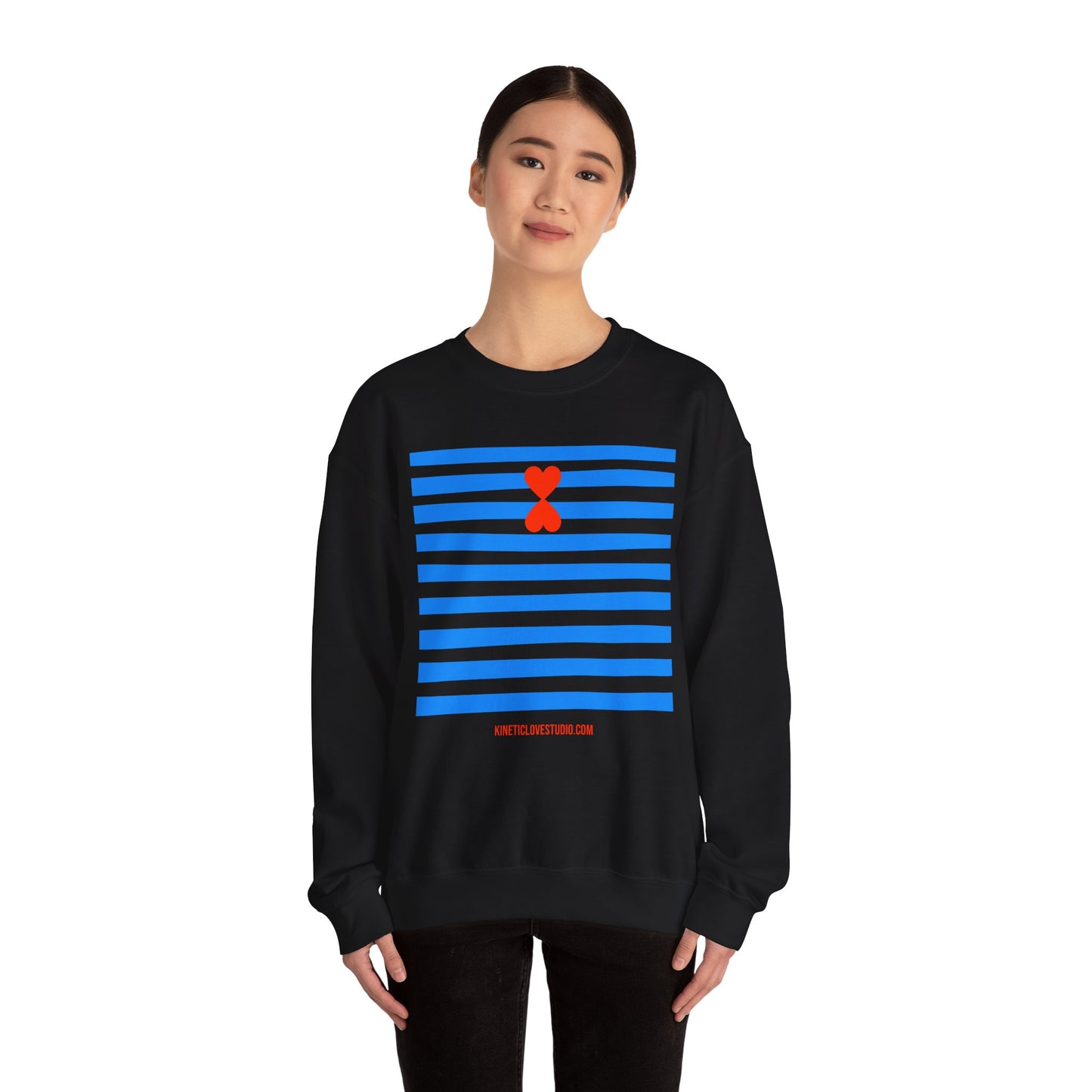 French Chic Crewneck Sweatshirt - Blue Stripes Red Heart Contemporary Design