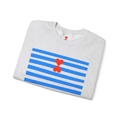 French Chic Crewneck Sweatshirt - Blue Stripes Red Heart Contemporary Design