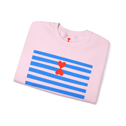 French Chic Crewneck Sweatshirt - Blue Stripes Red Heart Contemporary Design