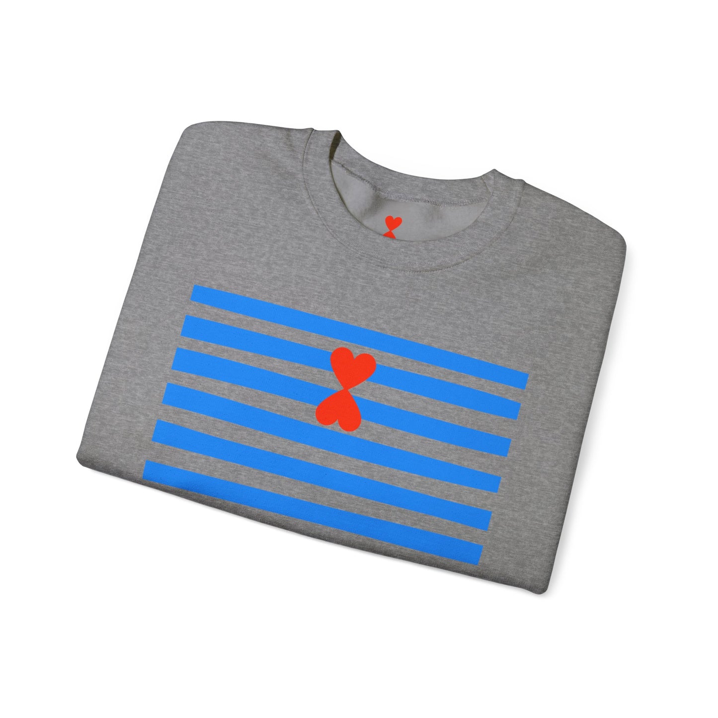 French Chic Crewneck Sweatshirt - Blue Stripes Red Heart Contemporary Design