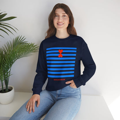 French Chic Crewneck Sweatshirt - Blue Stripes Red Heart Contemporary Design