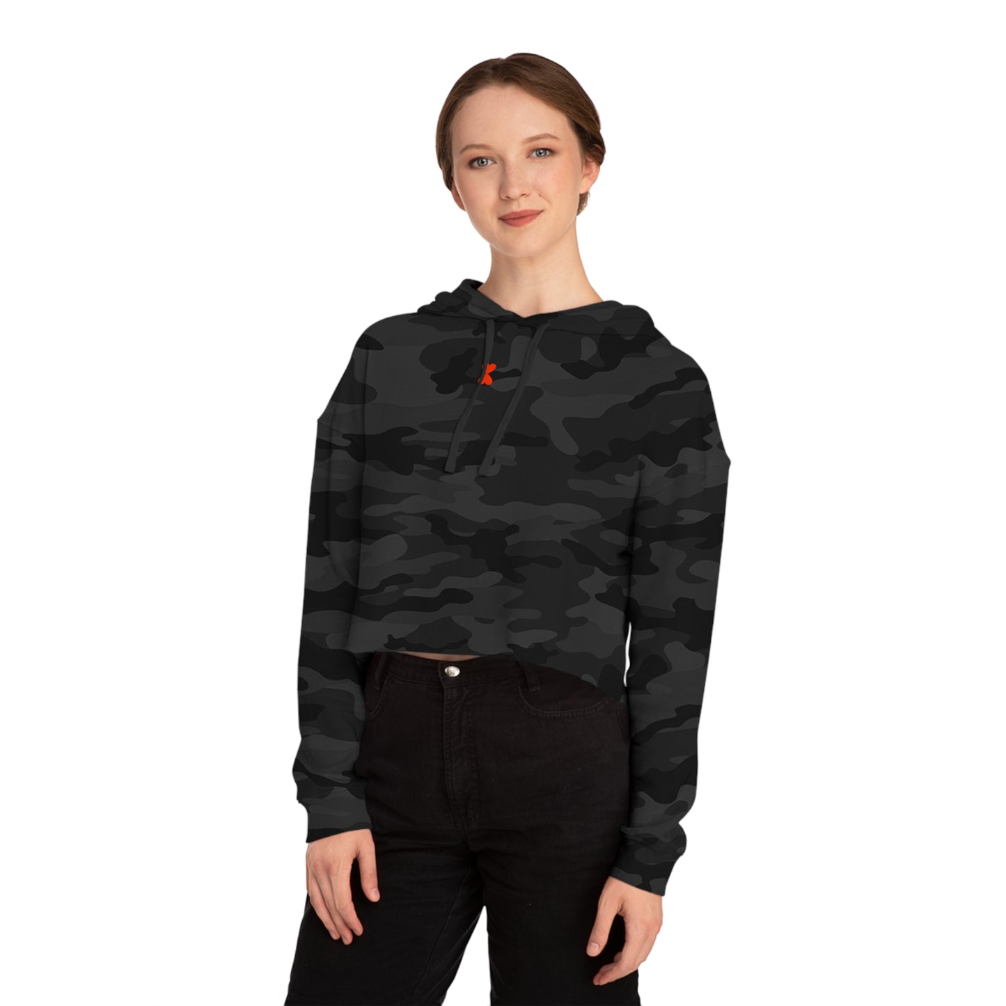 Cute Simple Double Hearts Camo Sage Black Women’s Cropped Hooded Sweatshirt | Basic Collection Kinetic Love Studio