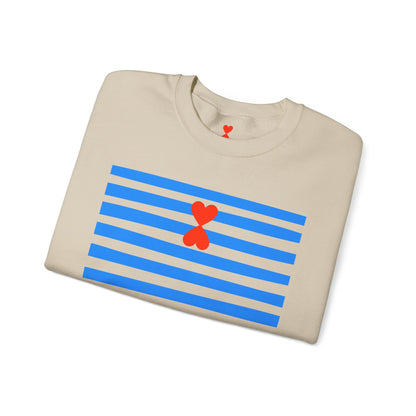 French Chic Crewneck Sweatshirt - Blue Stripes Red Heart Contemporary Design