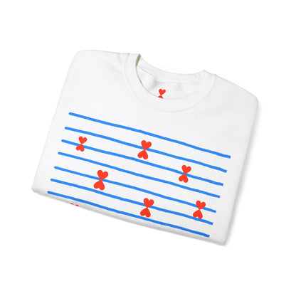 Blue Striped Red Hearts Music Notes Unisex Sweatshirt - Signature Collection by Kinetic Love Studio