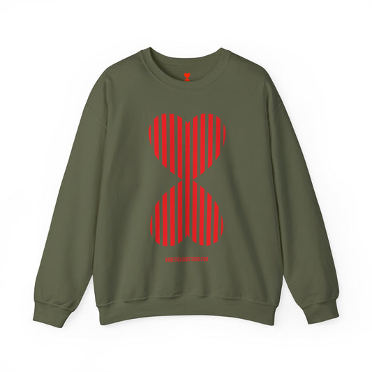 Paris Chic Red Striped Double Hearts Modern Design Khaki Green Unisex Sweatshirt - Signature Collection by Kinetic Love Studio