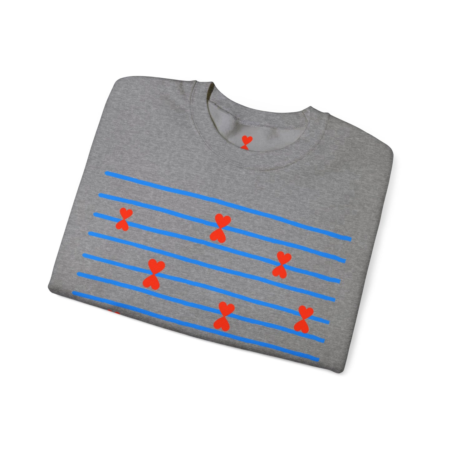 Blue Striped Red Hearts Music Notes Unisex Sweatshirt - Signature Collection by Kinetic Love Studio