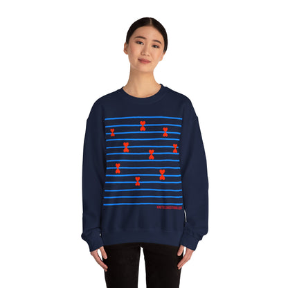 Blue Striped Red Hearts Music Notes Unisex Sweatshirt - Signature Collection by Kinetic Love Studio