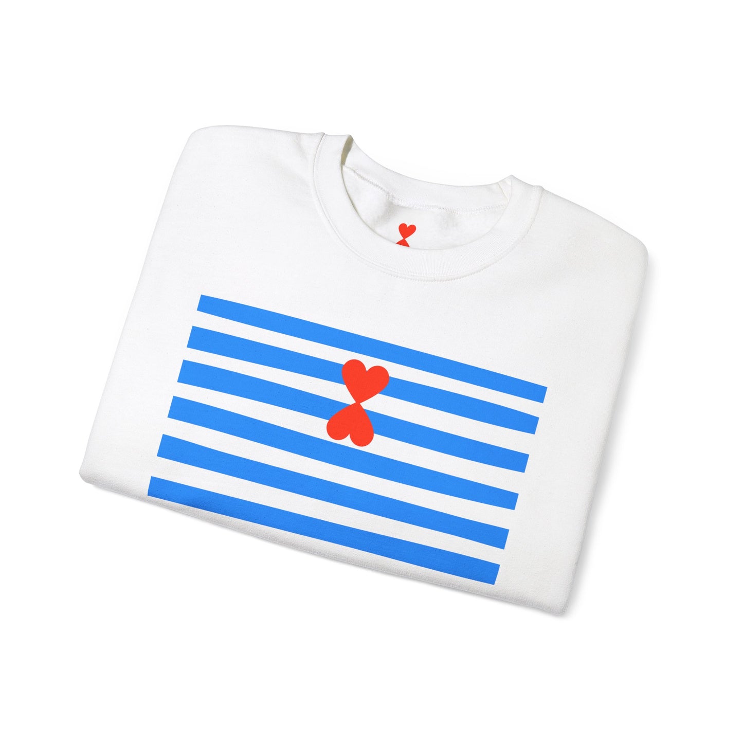 French Chic Crewneck Sweatshirt - Blue Stripes Red Heart Contemporary Design