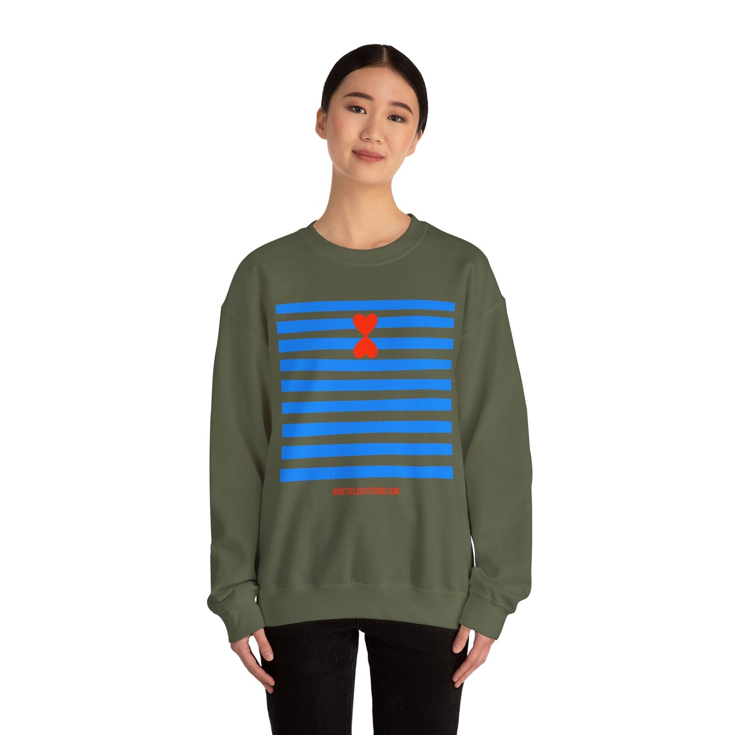 French Chic Crewneck Sweatshirt - Blue Stripes Red Heart Contemporary Design