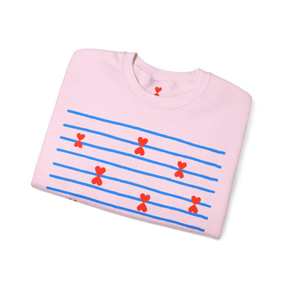 Blue Striped Red Hearts Music Notes Unisex Sweatshirt - Signature Collection by Kinetic Love Studio