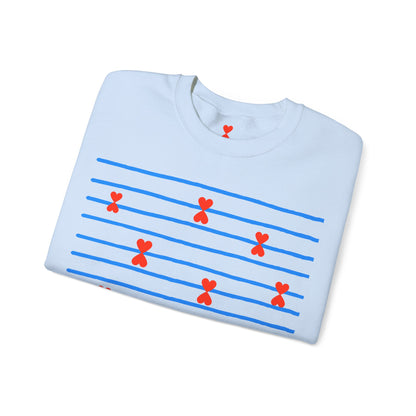 Blue Striped Red Hearts Music Notes Unisex Sweatshirt - Signature Collection by Kinetic Love Studio