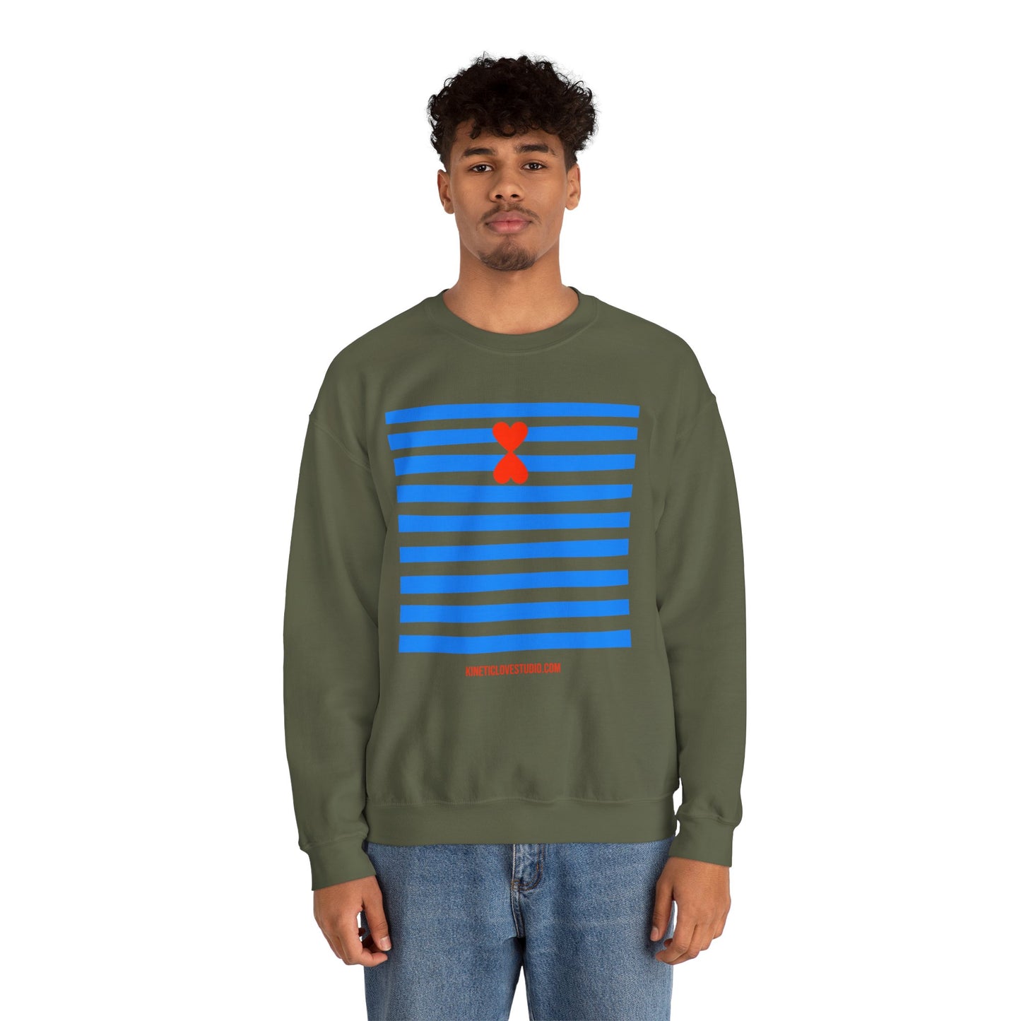 French Chic Crewneck Sweatshirt - Blue Stripes Red Heart Contemporary Design