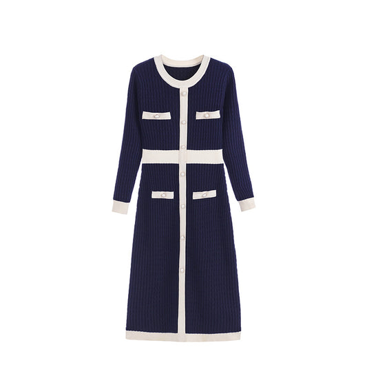 French Chic Classic Dress, Round-Neck, Navy & White, knee length knit dress F/W