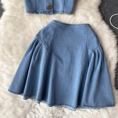 Summer Cropped Denim Bandeau Vest Top & Skirt Two-Piece Set high waist A-line skirt celebrity dress