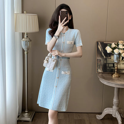 French Chic Soft Blue Summer Dress, Ice-Silk Cooling Knit Dress S/S