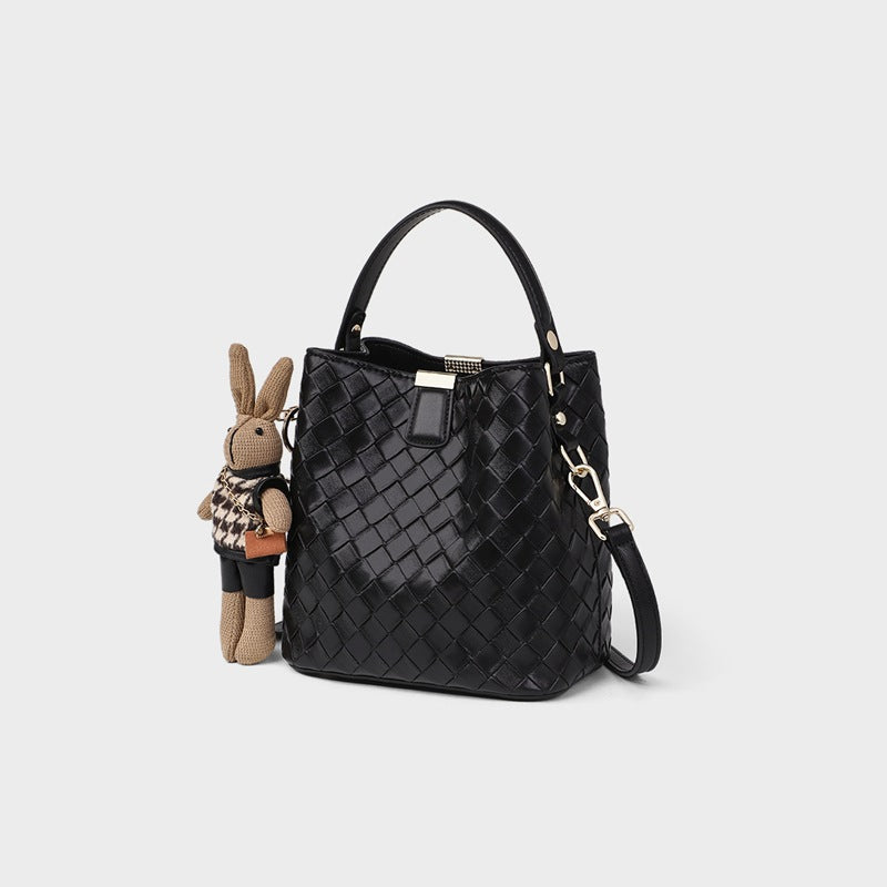 Giselle Weaving Tote Bag with Bear Charm Premium Shoulder Bucket Bag