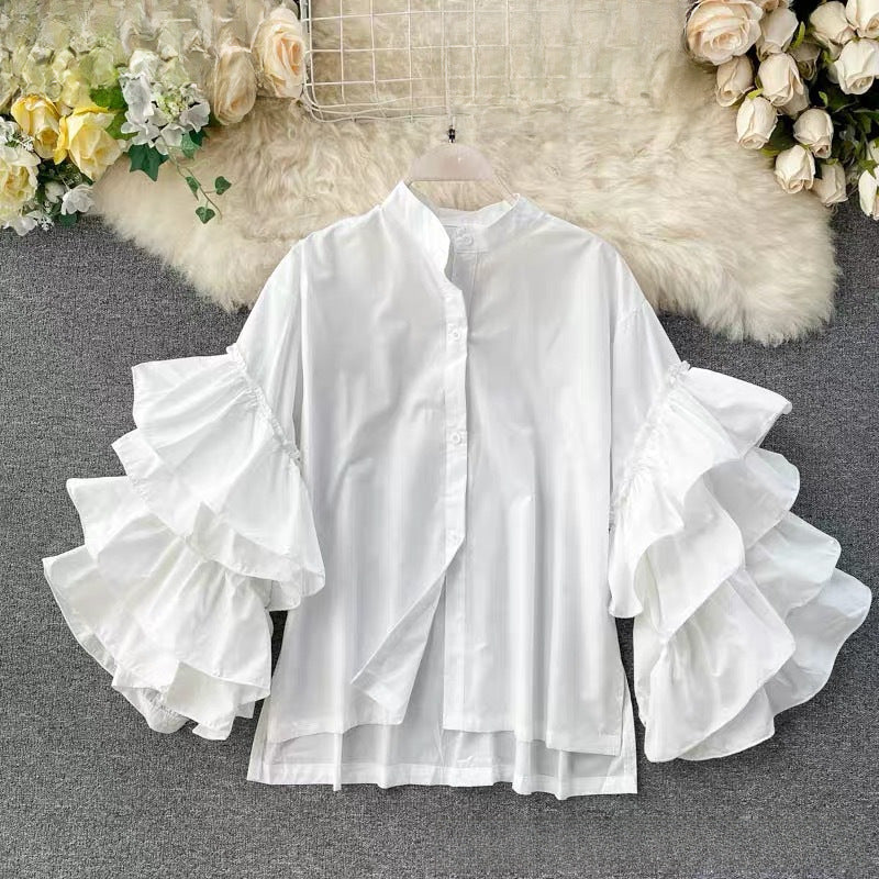 Multi-layered Ruffles Sleeve Blouse Statement Piece shirt celebrity top