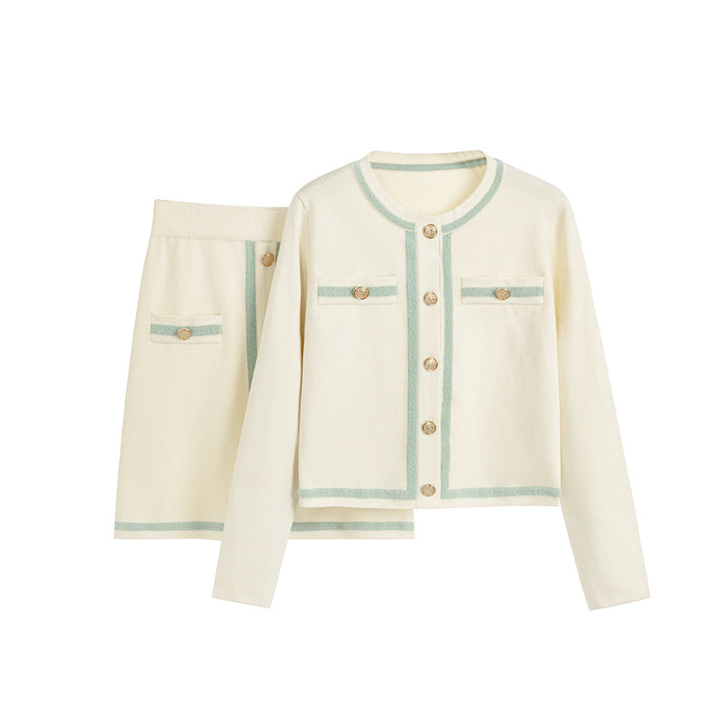 French Chic Two-Piece Set, Ivory & Aqua, Round-Neck Knitted Cardigan & Skirt Outfit F/W