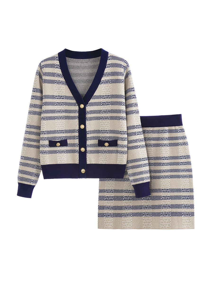 Paris Style Casual Matching Outfit, Cardigan & Skirt Two-Piece Knit Set, Navy & Beige F/W