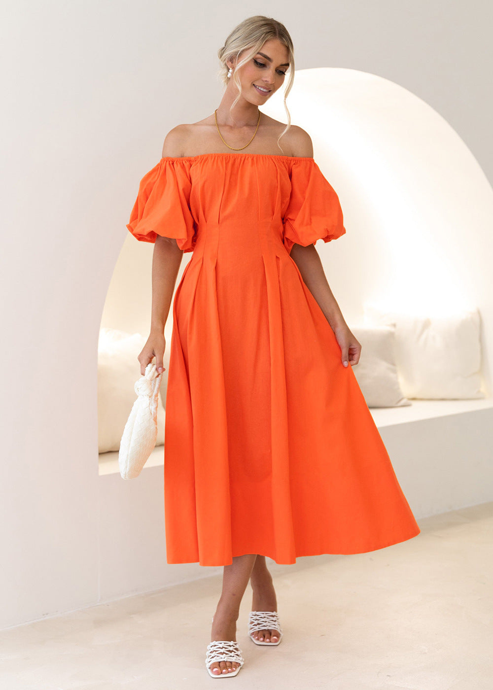 Off-Shoulder Dress Puff Sleeves High Waist Summer Dress casual look