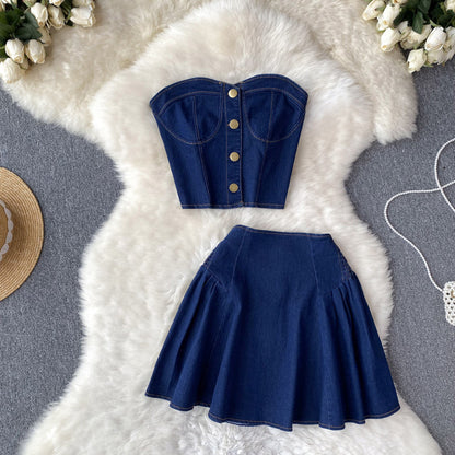 Summer Cropped Denim Bandeau Vest Top & Skirt Two-Piece Set high waist A-line skirt celebrity dress