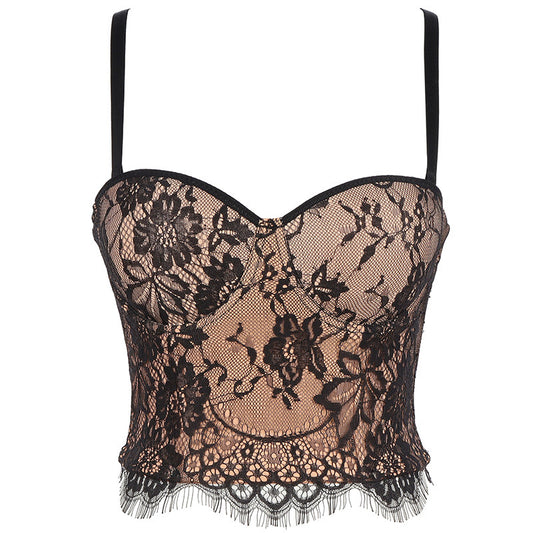 Romantic French Lace Lingerie Bra Top Peach & Black spaghetti strap camisole celebrity tube top