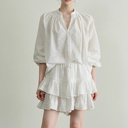 Island Resort Style Ruffle Two-Piece Set, Embroidered Cotton, Korean island resort style outfit S/S