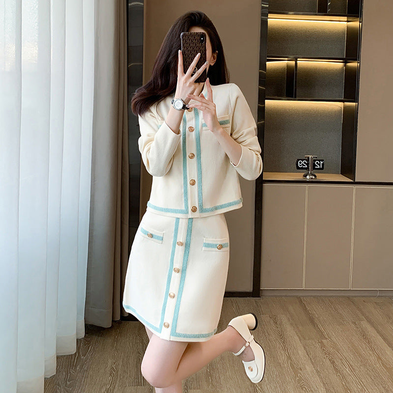 French Chic Two-Piece Set, Ivory & Aqua, Round-Neck Knitted Cardigan & Skirt Outfit F/W