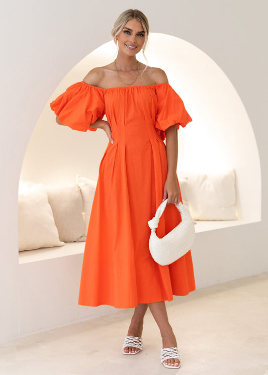 Off-Shoulder Dress Puff Sleeves High Waist Summer Dress casual look