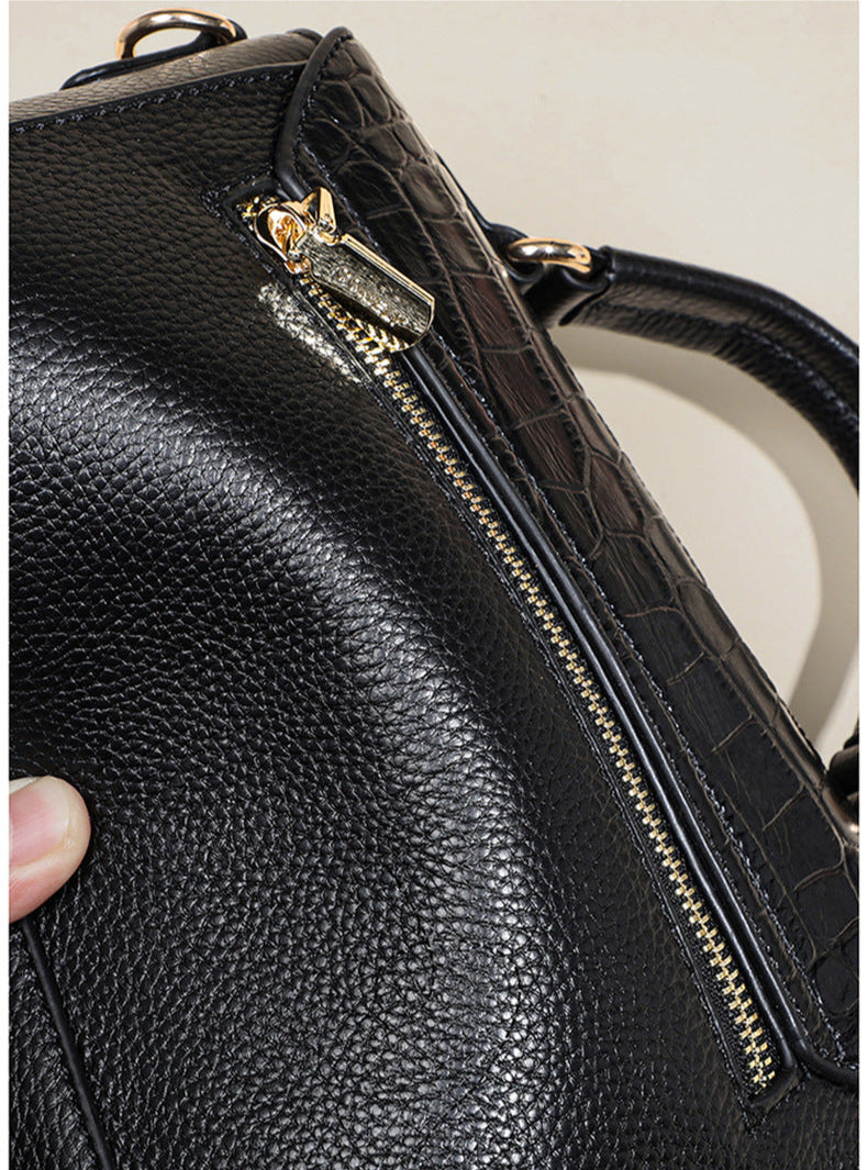 Modern Crocodile Print Satchel Top-Handle Shoulder Bag Black & Gold