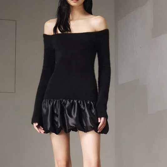 Rock Chic Off-Shoulder Black Dress, knit top & puffy balloon skirt, celebrity dress