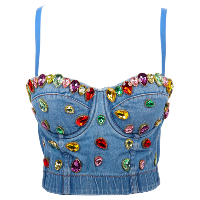 Denim Jeweled Camisole Jeans Bra Top Celebrity Tank Top