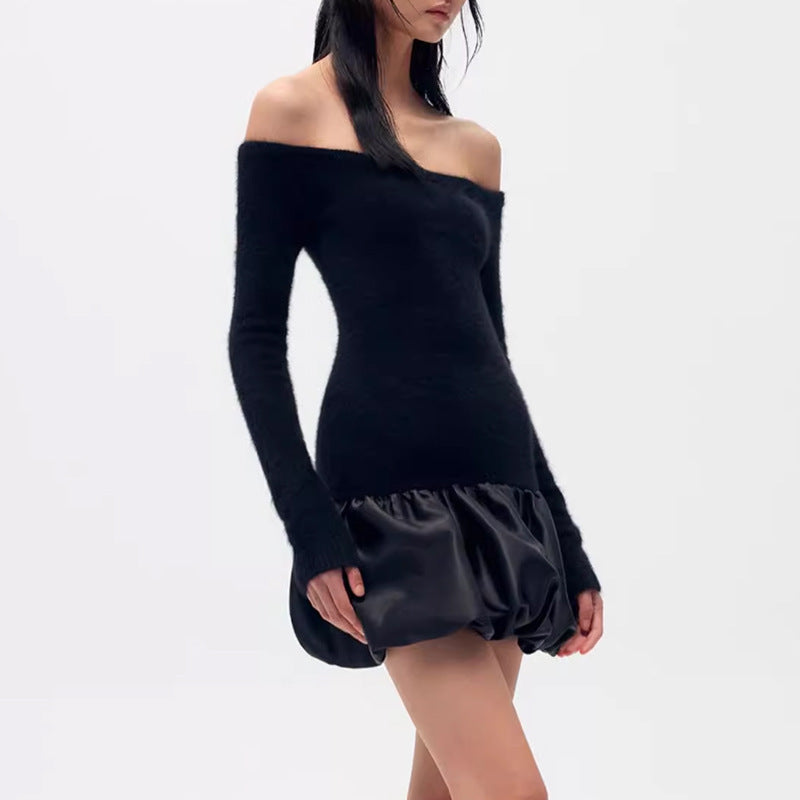 Rock Chic Off-Shoulder Black Dress, knit top & puffy balloon skirt, celebrity dress