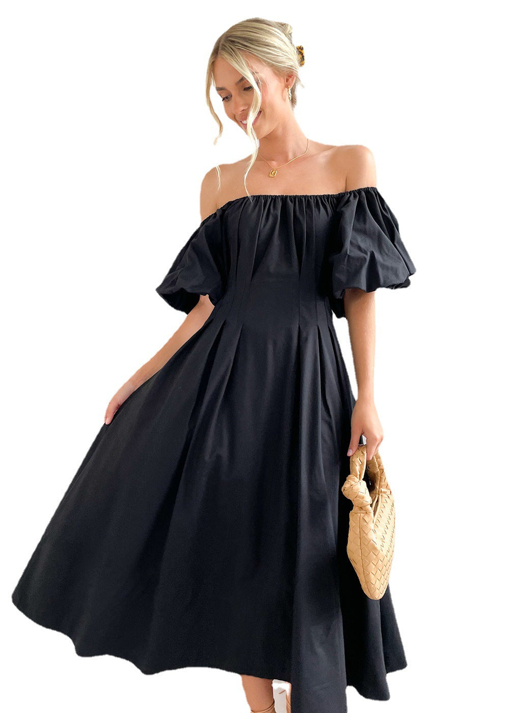 Off-Shoulder Dress Puff Sleeves High Waist Summer Dress casual look