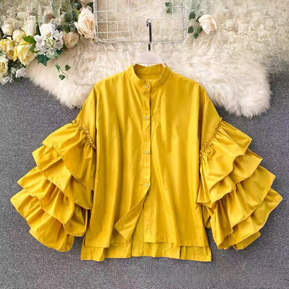 Multi-layered Ruffles Sleeve Blouse Statement Piece shirt celebrity top