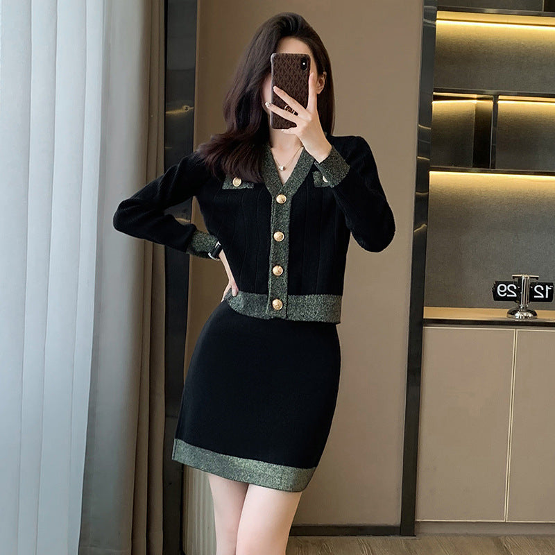 F/W French Chic Black & Gold Knit Suit 2-Pcs Set Jacket + Skirt