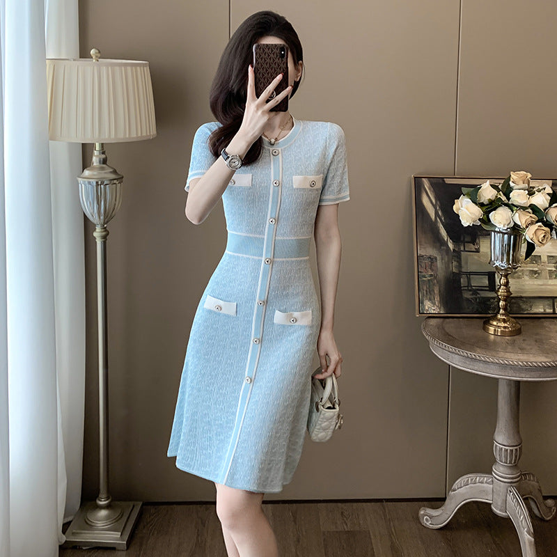 French Chic Soft Blue Summer Dress, Ice-Silk Cooling Knit Dress S/S