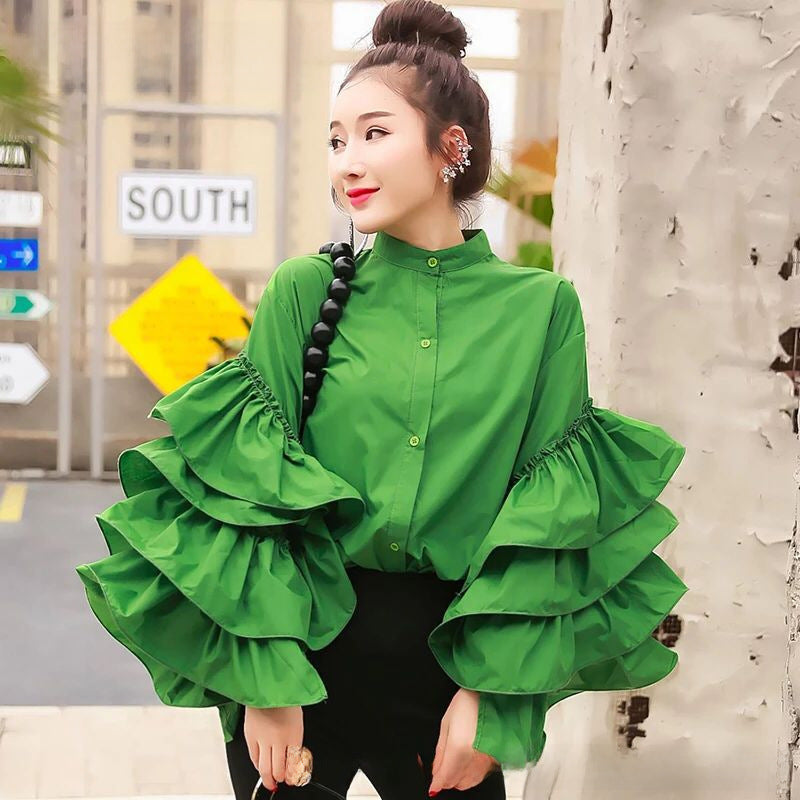 Multi-layered Ruffles Sleeve Blouse Statement Piece shirt celebrity top