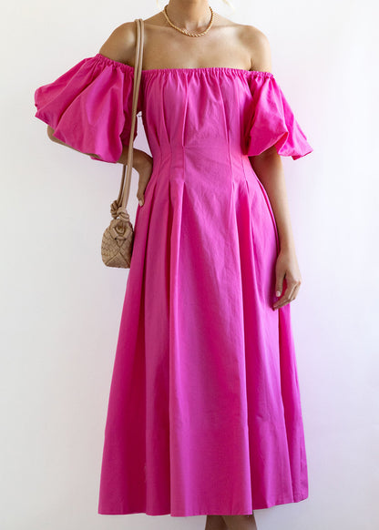 Off-Shoulder Dress Puff Sleeves High Waist Summer Dress casual look