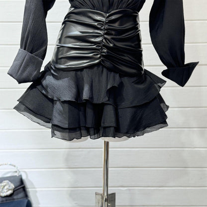 Leather & Ruffles Black Short Skirt Celebrity dress look