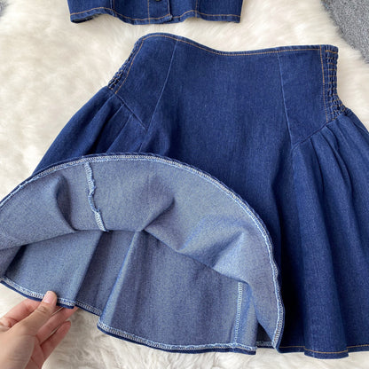 Summer Cropped Denim Bandeau Vest Top & Skirt Two-Piece Set high waist A-line skirt celebrity dress