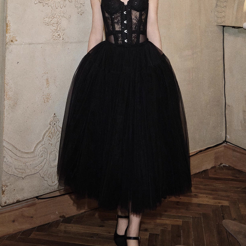 Dream Ballet French Style Mesh Tutu Skirt Tulle Skirt A-Line Puffy Long Skirt celebrity dress