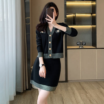 F/W French Chic Black & Gold Knit Suit 2-Pcs Set Jacket + Skirt