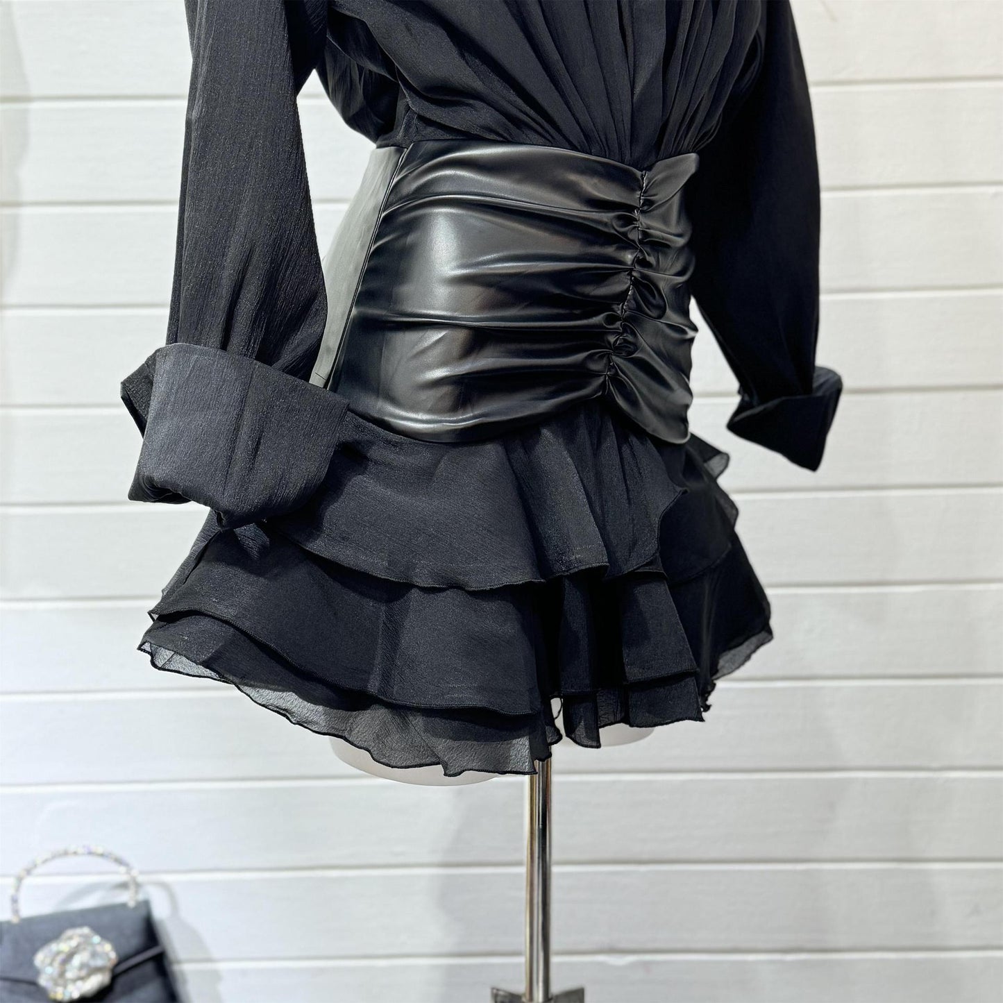 Leather & Ruffles Black Short Skirt Celebrity dress look